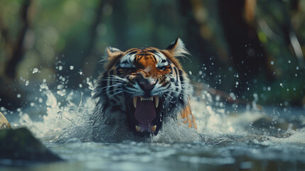 Fototapeta na wymiar tiger swimming in the river forest
