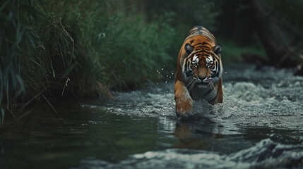 tiger walking in the water river - Powered by Adobe