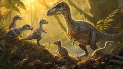 In the soft light of dawn a group of Maiasaura mothers gently nuzzle their newly hatched offspring while others stand guard against potential predators. - obrazy, fototapety, plakaty