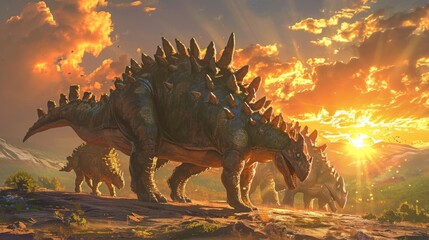 A group of gentle stegosaurus peacefully grazing on a picturesque mountain the sun setting behind them casting a warm glow on their armored backs.