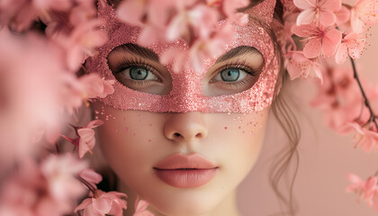 beautiful woman with a pink mask for a party