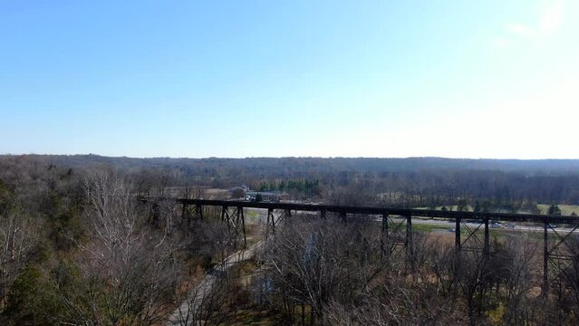Aerial Shot Pushing Over a Forest Towards the Pope Lick Trestle in Louisville Kentucky on a Sunny Afternoon.