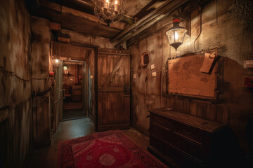 Fototapeta na wymiar Vintage Interior of an Old Wooden House with Antique Furniture and Warm Lighting