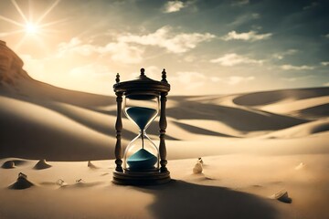 A dreamy and surreal scene embodying 'Lost in Time,' with an ancient hourglass resting in a perfectly lit setting, its sands frozen, encapsulating a moment in time that seems to exist outside the cons - obrazy, fototapety, plakaty