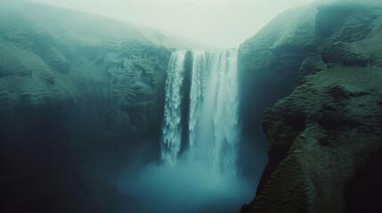 analogue still high angle shot of a foggy waterfall landscape