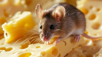 Close-up of a mouse perched on top of cheese, tempted by its savory aroma, Ai Generated.