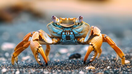 Crab scuttles across the sandy beach, shell gleaming under the sun, coastal charm, Ai Generated.