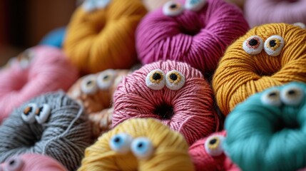 A close-up view of a collection of yarn and knitted donuts with expressive eyes, blending creativity and whimsy in a charming composition, Ai Generated.
