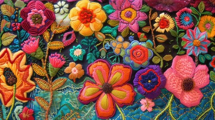 Fototapeta na wymiar Colorful embroidered wall hanging featuring vibrant flowers, a stunning textile masterpiece, Ai Generated.