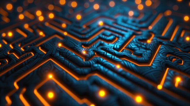 Close-up of a maze illuminated by glowing lights, a captivating and puzzling scene, Ai Generated.