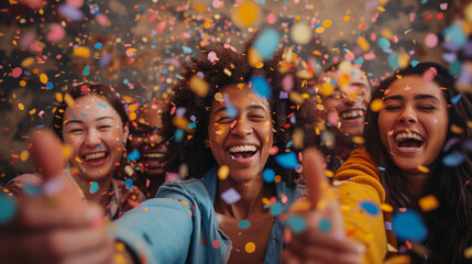 Happy diverse employees team celebrating success business achievement among confetti in modern office, Celebrating with Confetti. Business success concept. Generative AI