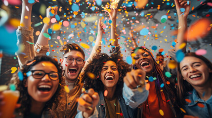 Happy diverse employees team celebrating success business achievement among confetti in modern office, Celebrating with Confetti. Business success concept. Generative AI