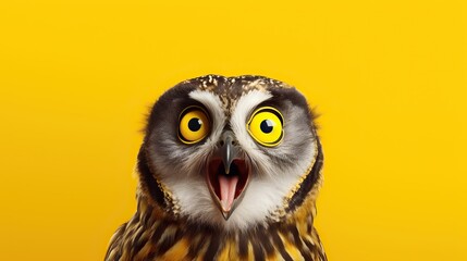 Portrait of emotional animal surprised and shocked owl on yellow background - obrazy, fototapety, plakaty