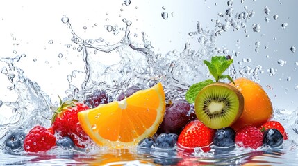 Fresh fruit creates dynamic water splash against crisp white backdrop, visually captivating, Ai Generated