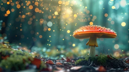 Tuinposter 3D render of fly agaric mushroom in a forest, surrounded by enchanting bokeh lights, Ai Generated. © Crazy Juke