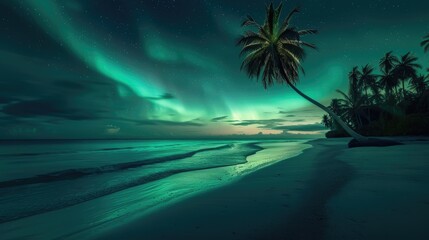 Fototapeta na wymiar Tropical beach meets northern lights in a surreal fusion of nature's beauty, Ai Generated