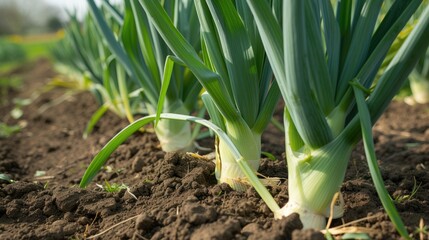 Fototapeta premium Detailed close-up of fresh leeks thriving on a sunlit farm, a harvest in progress, Ai Generated