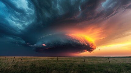 A beautifully structured supercell thunderstorm against a mesmerizing sunset sky, atmospheric drama unfolds, Ai Generated. - obrazy, fototapety, plakaty