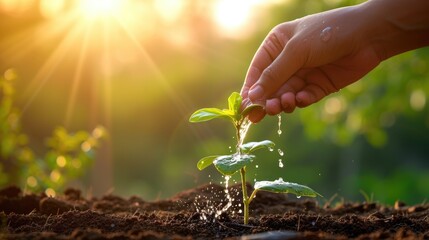 Close-up of a hand holding water, nurturing a young tree at sunset, fostering growth, Ai Generated.