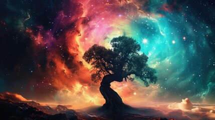 Ancient tree spreads its branches against a colorful cosmic sky, a timeless marvel, Ai Generated