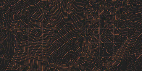 Black Orange Military Topographic Contour Map Vector Graphic Abstract Background. Topography Wavy Lines Pattern Modern Wide Wallpaper. Outline Terrain Relief Cartography Geographical Map Illustration