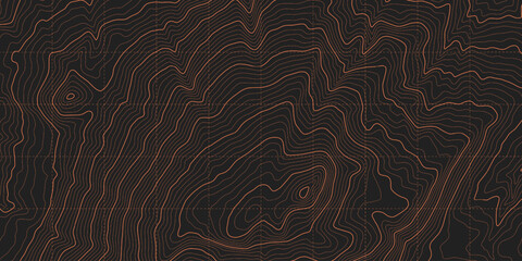 Black Orange Military Topographic Contour Map Vector Graphic Abstract Background. Topography Wavy Lines Pattern Modern Wide Wallpaper. Outline Terrain Relief Cartography Geographical Map Illustration