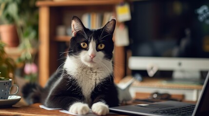 A sleek black and white cat perched on a desk next to a laptop, Ai Generated.