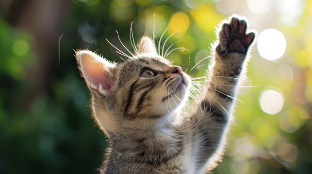 Playful cat stretching upwards, reaching for an object with curiosity, agile movement, Ai Generated.