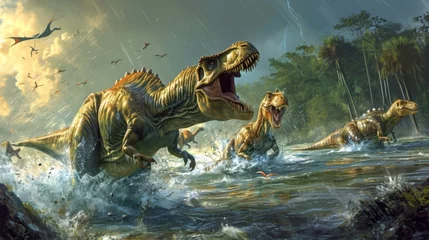 Foto op Plexiglas A scene of chaos as all different types of dinosaurs scramble to higher ground trying to stay afloat in the midst of a mive flood. © Justlight