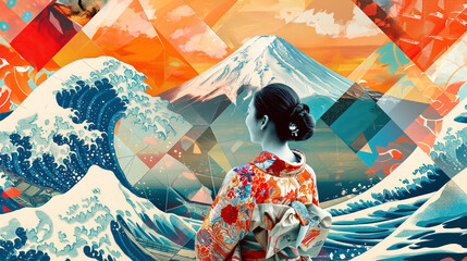 geometric depiction of a Japanese woman in a brightly colored kimono