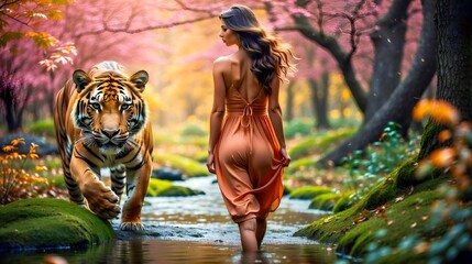 Tiger and a beautiful girl in the jungle