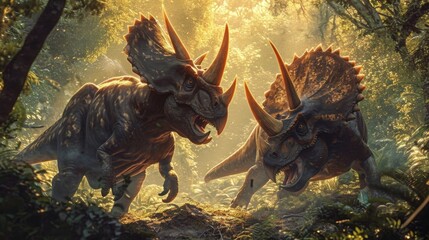 Two Triceratops engage in a playfight their sharp horns gleaming in the warm sunlight filtering through the dense canopy above. - obrazy, fototapety, plakaty