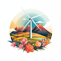 Obraz premium Eco Tranquility: Windmill Amongst Mountain Florals