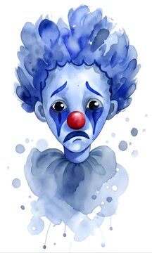Watercolor illustration of a sad clown with blue hair and red nose.
