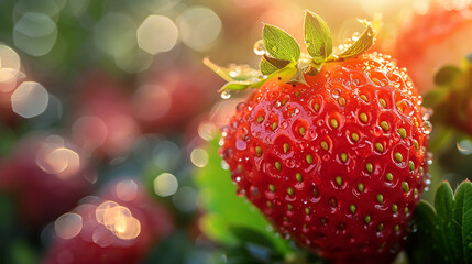 The tiny droplets on the surface of a fresh, ripe strawberry on a warm summer day.