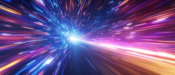 Light speed, hyperspace, space warp background. colorful streaks of light gathering towards the event horizon 