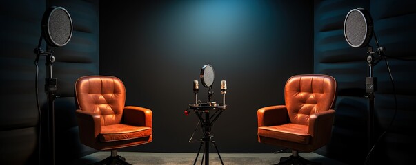 Podcast studio with two chairs, recording with microphones for recording online, live broadcast (1) - obrazy, fototapety, plakaty