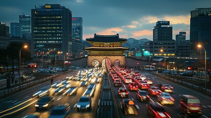Busy traffic at Namdaemun gate in Seoul, South Korea