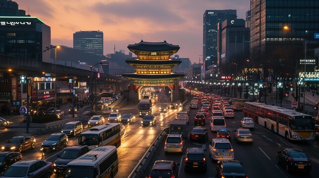 Fototapeta Busy traffic at Namdaemun gate in Seoul, South Korea