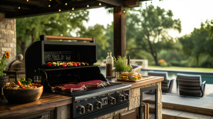 An outdoor barbecue grill with steak and vegetables on a summer day, depicting a relaxed backyard cooking scene, background with a place for text - Powered by Adobe