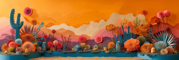 Papier Peint photo Lavable Orange Vibrant paper art installation of a desert landscape with layered mountains, cacti, and flowers, possibly for a cultural festival or celebration, background with a place for text