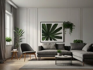 Poster above white cabinet with plant next to grey sofa in simple living room interior. Real photo