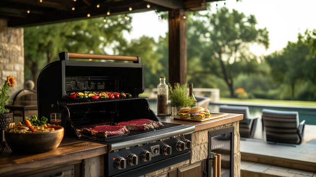 An outdoor barbecue grill with steak and vegetables on a summer day, depicting a relaxed backyard cooking scene, background with a place for text