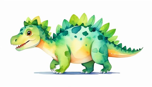 Graphic Design of Green Cute Dinosaur Walking Watercolor in Flat Vector