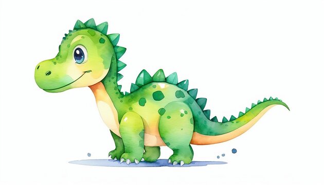 Flat Design Vector Illustration of Green Cute Dinosaur Walking Watercolor