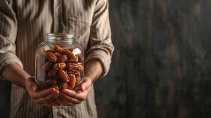 Muslim man holding a dates fruit in a jar