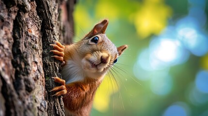 Curious red squirrel peeking behind the tree trunk. Image of animal. copy space for text.