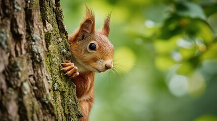 Curious red squirrel peeking behind the tree trunk. Image of animal. copy space for text.