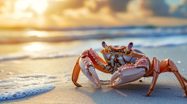 Crab on the beach. Image of animal. copy space for text.