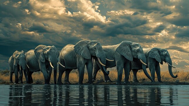 Drinking herd of group Elephants. image of animal. copy space for text.